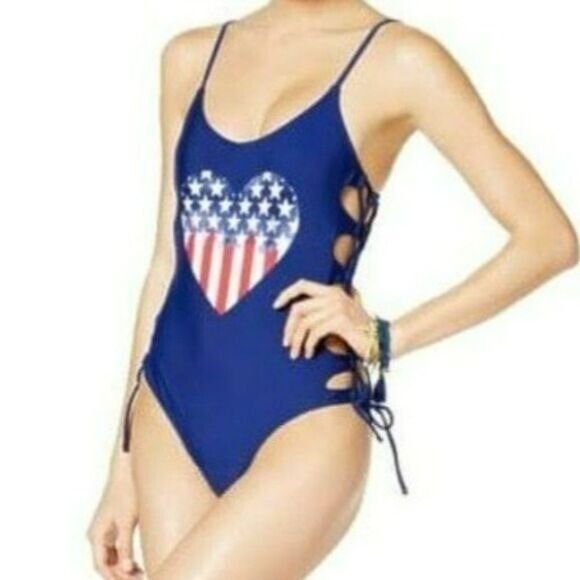 California Waves July 4th Heart Blue Swimsuit One Piece Size L Patriotic Day NEW - Picture 9 of 9